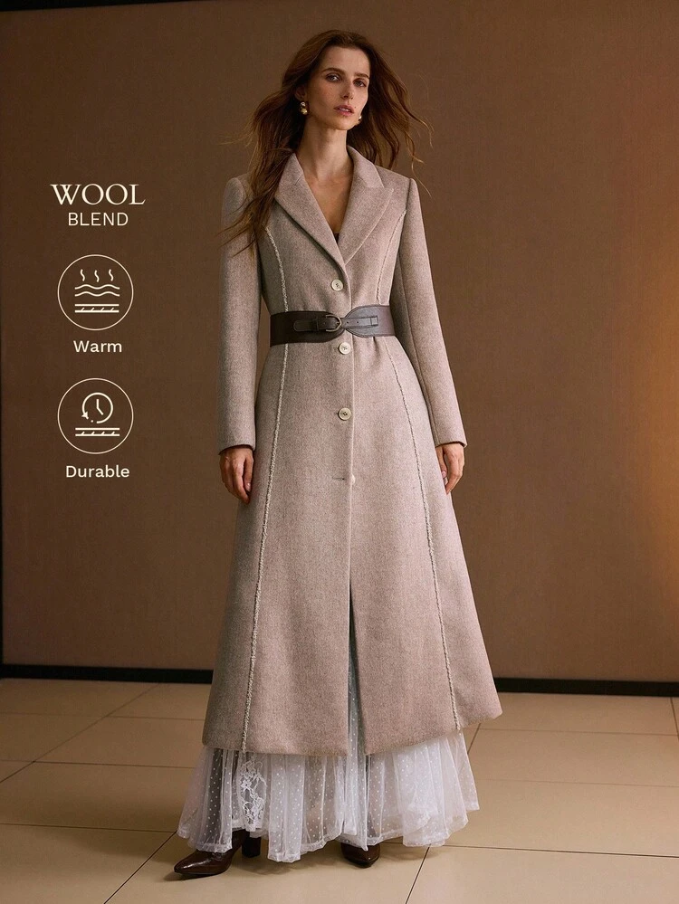 WOOL ELEGANT COMMUTER ROMANTIC CINCHED WAIST HERRINGBONE BLEND COAT, AUTUMN/WINTER