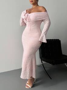 SHEIN PETITE CURVE 大码女式露肩修身长袖喇叭袖优雅连衣裙 - 粉色 - 查看 5