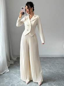 Selianne 2 件套女士办公室工作服套装：长袖褶皱双排扣西装外套和配套裤子，优雅浪漫 - 杏色 - 查看 5