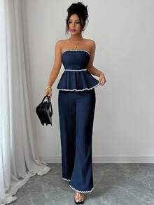 Elenzga Bộ 2 món đồ thời trang cho nữ áo bandeau và quần ống rộng - Màu xanh hải quân - Xem 5