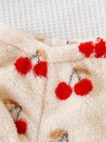 SHEIN Playful Pals 2 件女婴可爱樱桃印花连帽长袖夹克和蓬松长裤套装，时尚服装 - 杏色 - 查看 6