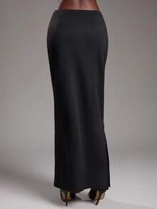 NYA SZN 裙子高腰修身纹理拉链日常休闲商务休闲办公室活动办公室教师早午餐场合超长女士服装 - 黑色 - 查看 2