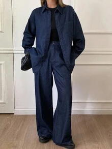 DAZY 女士休闲宽松衬衫和牛仔裤套装，秋季 - 藏蓝色 - 查看 6