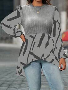 SHEIN Clasi 大码女式印花拼接灯笼袖休闲上衣，春夏款 - 灰色 - 查看 5