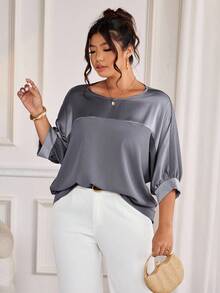 Cravure Maglione casual da donna oversize con scollo tondo, maniche a 3/4, tessuto metallizzato, inserti in tessuto a contrasto, polsini in tessuto jacquard, maniche raglan, adatto per uscite, vacanze, pendolarismo e feste