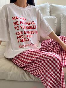 DAZY Letter Print Graphic Loose T-Shirt And Plaid Straight-Leg Pants Pajamas Set - Light Grey - View 3