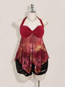 SHEIN ICON Áo nữ cỡ lớn mùa hè kiểu dáng thường ngày, xếp ly, vạt áo bất đối xứng, cổ nơ - Màu Đỏ Sâu - Xem 4