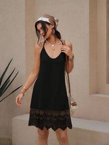 Wildy Váy ngắn màu mơ kiểu BOHO mùa hè, phong cách đồng quê Mỹ, áo hai dây ren phối màu, váy slip đen, váy viền ren đen, váy hai dây đen, váy hè đen, váy maxi đen, trang phục thường ngày cho nữ. - màu đen - Xem 5