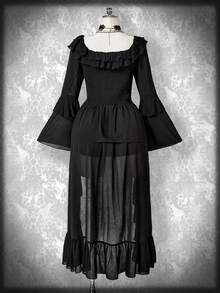 SHEIN ICON 大码黑色方领荷叶边下摆不对称下摆连衣裙、波西米亚风连衣裙、万圣节服装、水手服 - 黑色 - 查看 2