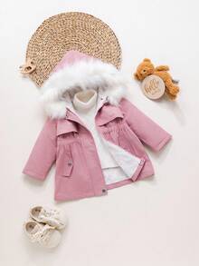 SHEIN Manteau à capuche rose mignon doublé de thermique, polyvalent pour l'automne/l'hiver, bébé fille - Rose bonbon - Voir 3