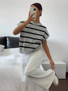 SHEIN Frenchy 大码女式休闲简约黑灰条纹圆领针织毛衣、套头衫，秋冬 - 灰色 - 查看 3