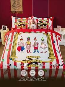 HARRY POTTER X SHEIN 三件套果冻豆印花床上用品套装，磨毛面料，柔软保暖，红色条纹被套，适用于单人床/双人床/大号床/特大号床，圣诞节礼物之选