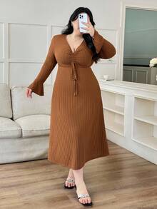 Modelyn Plus Size Women Textured Drawstring Knit Dress - Brown - View 3