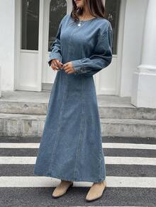 Livesso 女式秋季圆领收腰泡泡袖牛仔连衣裙 - 藍色 - 查看 3