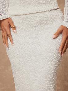 Lumalex 秋冬派对晚宴 优雅复古闪耀假日派对狂欢节郊游度假户外盛宴婚礼季宴会成人礼两件套仿皮草露肩修身长袖低腰鱼尾连衣裙套装，适合女士奢华舞会身份证件、宰牲节派对、新年 - 杏色 - 查看 8