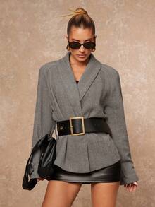 Lumalex Veste surdimensionnée élégante grise d'automne pour femme de bureau avec épaulettes exagérées et ceinture, blazer de coupe régulière de luxe style Old Money pour soirée, bal de promo et dîner - Noir et Blanc - Voir 6
