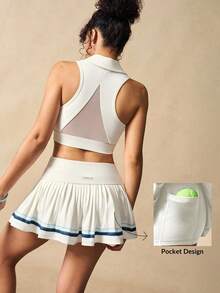 VARSIVA 女式条纹褶皱休闲健身运动迷你裙 - 白色 - 查看 2