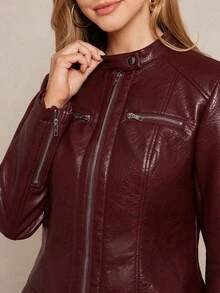 Amorya 女士优雅勃艮第色 PU 拼色夹克，适合日常穿着和多种场合，秋季 - 酒紅色 - 查看 13