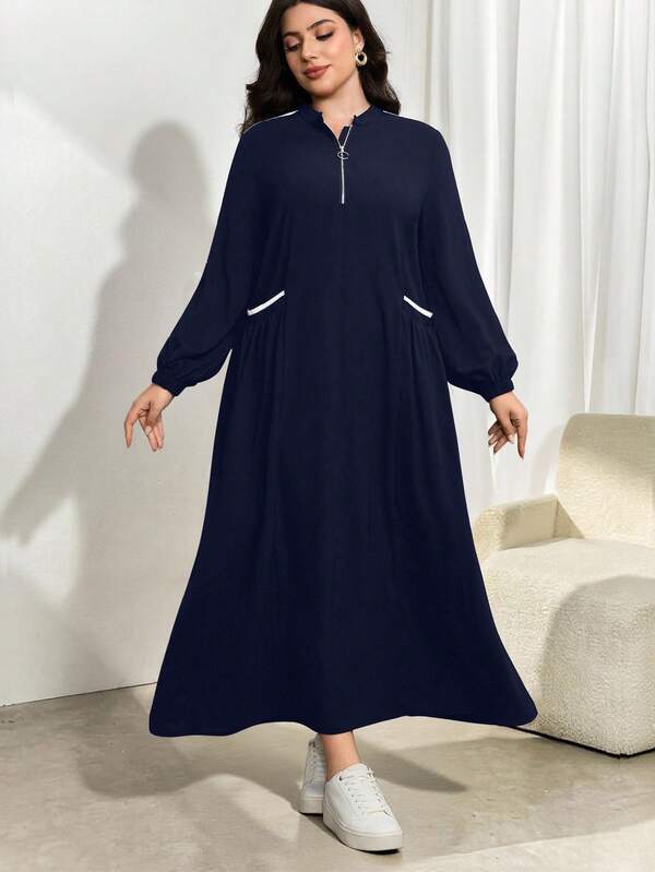 Modelyn Autumn/Winter New Arrival Stand Collar Long Sleeve Waist Cinching Slim Fit Dress Navy Blue Modest Dress Plus Size Abaya Dress Abaya Dress Modest Dress Plus Size Modest Dress