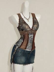 SHEIN ICON 女士性感火辣复古千禧风 Y2K 现代时尚个性前卫波西米亚风黑色佩斯利混色豹纹拼接网纱蕾丝撞色异域风情缎带V领修身上衣 - 彩色 - 查看 7