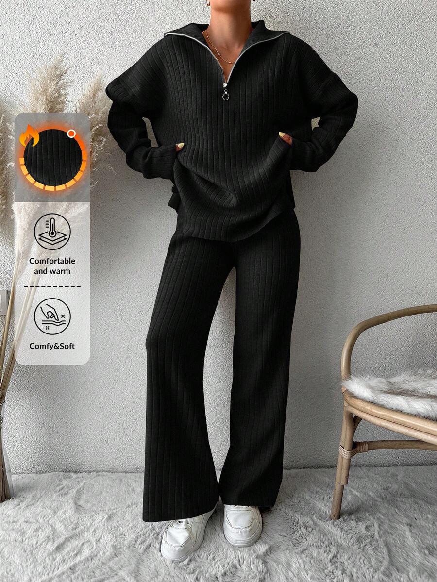 EURMUSE Drop Shoulder Zipper Half Placket Knit Sweater And Knitted Pants Two Piece Set - Black - View 1