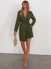 EURMUSE 简约纯色长袖腰系带连衣裙，适合商务/通勤 - 軍綠色 - 查看 4