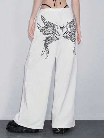 ROMWE Avant Pantalones casuales con estampado de alas de estilo grunge para mujer