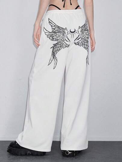 ROMWE Avant Women's Grunge Girl Wing Print Casual Pants