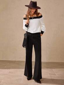 Wildy Fall Country Chic Tops Winter Clothes  Bohemia Women's Fashion Versatile Contrast Color Splicing Off Shoulder Sweatshirt Off The Shoulder Top Off The Shoulder Sweater Off The Shoulder Blouse Off Shoulder Long Sleeve Off The Shoulder Long Sleeve Off Shoulder Blouse Casual Outfits Spring PreFall Sweater Chic Autumn Off The Shoulder Tops Elegant Women's Tops Chic Autumn Office Business Casual Woman Going Out Tops For Women Halloween