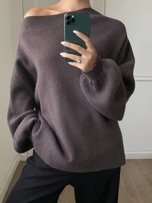 女士宽松商务休闲斜领棕色套头针织毛衣，适合秋冬季 - 棕色 - 查看 3