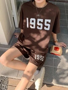 DAZY 2 件套女士印花宽松休闲短袖睡衣套装 - 棕色 - 查看 3