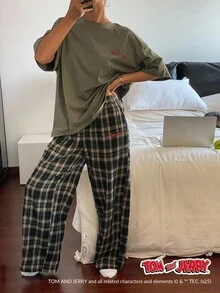 TOM AND JERRY X DAZY Casual Letter Decor Graphic Print Top And Plaid Loose Fit Sleepwear Pants Set Pajama - Green - View 3