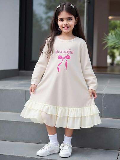 Christmas,Halloween,Girls Casual Comfortable Fashion Letter & Bow Print Round Neck Organza Hem Long Sleeve Dress, Suitable For Spring/Autumn Daily Wear Long Sleeve Dress For Girls Girls Spring And Autumn Dress Beige Dress For Girls Autumn And Winter Young Girls Dre Long Sleeve Girl Dress Fall