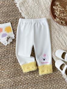 SHEIN 1 件装女婴舒适休闲可爱刺绣撞色毛绒下摆紧身裤，适合秋冬日常穿着 - 彩色 - 查看 4