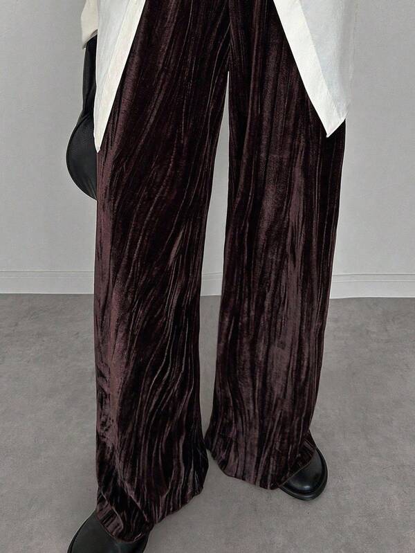 FRIFUL Calça feminina lisa de veludo marrom com cintura elástica, solta, casual, perna reta, outono