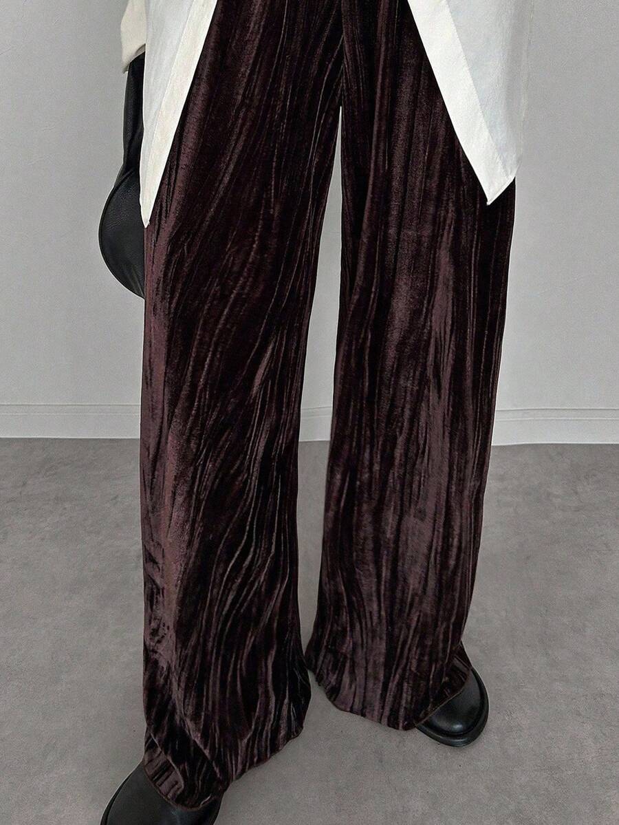 FRIFUL Pantalones rectos casuales sueltos de cintura elástica de terciopelo marrón sólido para mujer, otoño - Marrón - Ver 1