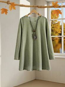 EMERY ROSE Plus Size Going Out TopsWomen Casual Striped Print Long Sleeve Loose T-Shirt, Winter Clothes For Women Long T Shirt For Women - Army Green - View 1