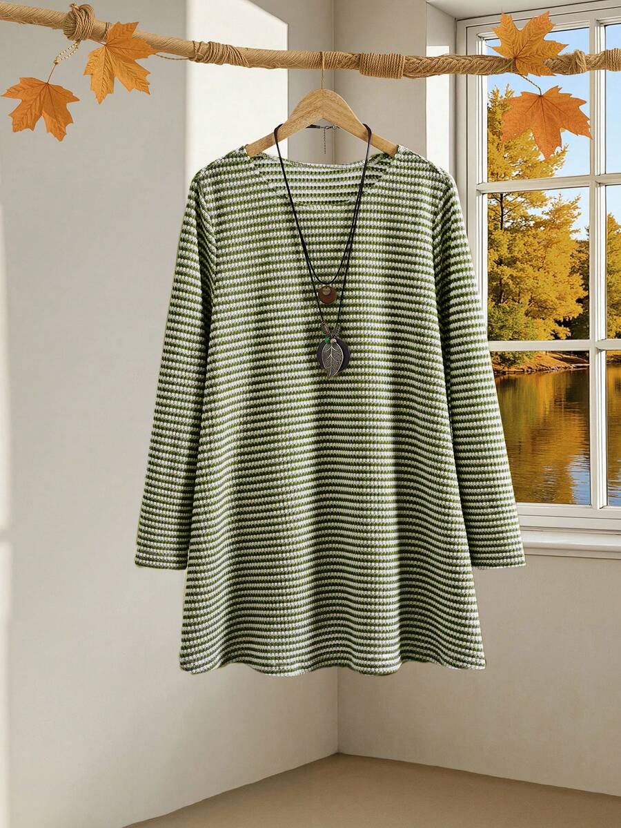EMERY ROSE Plus Size Going Out TopsWomen Casual Striped Print Long Sleeve Loose T-Shirt, Winter Clothes For Women Long T Shirt For Women - Army Green - View 1