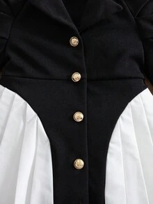 SHEIN Babygirl Infant Newborn Girl Fashion Design Cute Baby Girl Color Matching Leg Of Mutton Sleeve Single-Breasted Pleated Hem Fashion Dress, Leg Of Mutton Sleeve Black Dress, Fashionable Dress, Soft Fabric Cares For Baby's Skin, Is The First Choice For Mothers Shopping, Fashionable Design Cutting-Edge Fashion Design Can Be Worn Indoors And Outdoors, Simple Style, Suitable For Indoors, Outdoors, Daily, Sports, Play, Parties, Photo Shoots, Vacations, Festivals - Multicolor - View 4