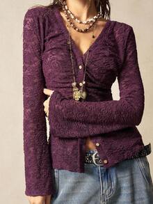 Bohemela 大码女式V领单排扣长袖褶皱时尚衬衫 - 紫色 - 查看 5