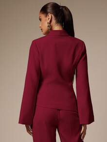 Silquee 秋冬时尚优雅通勤纯色系带西装外套 - 酒紅色 - 查看 2