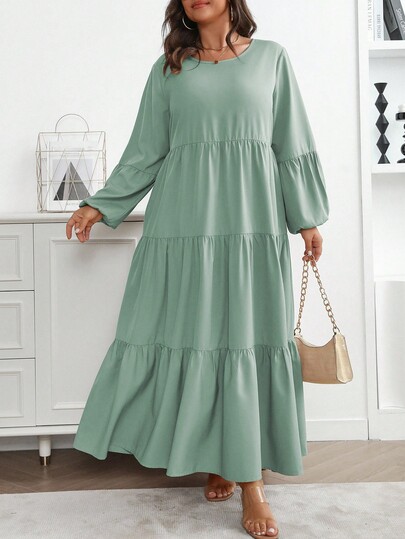 Vionelle Plus Size Women's Spring Summer Solid Round Neck Lantern Sleeve Ruffle Hem Loose Casual Dress Maxi Women Outfit Summer Modest Dress Lantern Sleeve Dress Casual Long Dress Tiered Maxi Dress Long Sleeve Summer Dresses