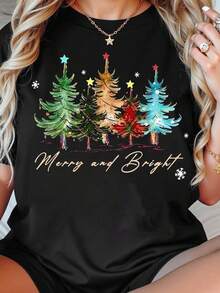 EMERY ROSE Women's Christmas Tree Casual Round Neck Short Sleeve T-Shirt, Cheerful And Bright Tree, Women's Christmas Shirt, Women's Holiday Shirt, Christmas Gift, Chic Winter Shirt, Cute Holiday T-Shirt, Christmas Tree Shirt, Christmas T-Shirt, Women's Clothing - Black - View 4