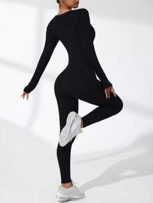 Easithlete Solid Color Long Sleeve Slim Fit Ribbed Jumpsuit