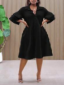 SHEIN CURVE+ Bộ sưu tập trang phục nữ mới năm 2025 - Rave, Lễ Phục sinh, Phong cách Old Money, Hòa nhạc đồng quê, Đi chơi, Fairycore, Lễ hội, Kỳ nghỉ nhiệt đới, Phù hợp cho mùa xuân/hè, Trang phục mùa hè, Rave, Mùa hè châu Âu, Mùa xuân, Trang phục phương Tây Plus, Hòa nhạc, Tốt nghiệp, Đa năng cho việc đi lại hàng ngày, Trang phục công sở thường ngày, Trang phục đi biển tối giản thường ngày - Áo sơ mi tay bèo nhún nhiều lớp, Đầm midi viền bất đối xứng, Đường cong Plus, Váy boho đi nghỉ có tay cỡ lớn 8xl Quần áo nữ Váy bèo nhún cỡ lớn 5xl cỡ lớn Plus Size - màu đen - Xem 6