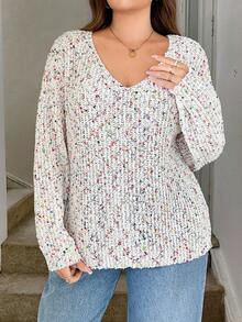 SHEIN LUNE Plus Size Polka Dot Crew Neck Sweater, Casual For Autumn/Winter Long Sleeve Sweater V-Neck Sweater Confetti Sweater Winter Clothes For Women Women's Winter Sweater Fall Clothes For Women  Office Outfits For Women,Suitable For Daily Wear, Holiday Elegant Outfits,Office Siren Style Outfits Christmas - Multicolor - View 3