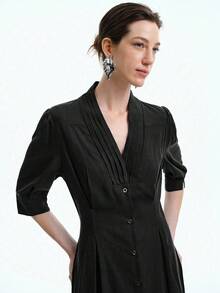 Aalyst Women's Fashion Elegant Commuter Casual Comfortable Charming Retro Minimalist High-Waist Collar Pleated Design Flared Short Sleeve Dress