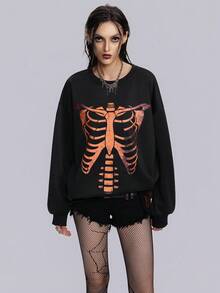 Breakform 女士时尚深色哥特式万圣节骷髅印花圆领落肩宽松休闲运动衫 - 黑色 - 查看 5