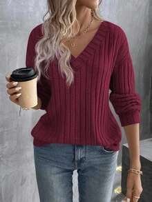SHEIN LUNE Women's Casual Solid Color Dropped Shoulder Loose T-Shirt - Burgundy - View 1