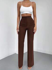 SHEIN Quần dài nữ cỡ lớn, ống đứng, màu trơn, dáng ôm, thích hợp mặc đi làm/đi chơi, màu nâu, quần cạp cao, quần ống loe, quần tây nữ, quần dài cho nữ cao. - Màu nâu Sô-cô-la - Xem 4